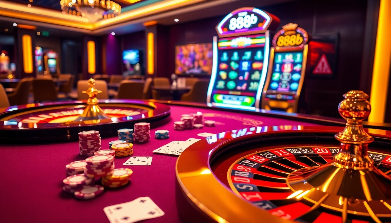 Engaging casino scene with luxurious poker chips and roulette wheel featuring 888b branding.