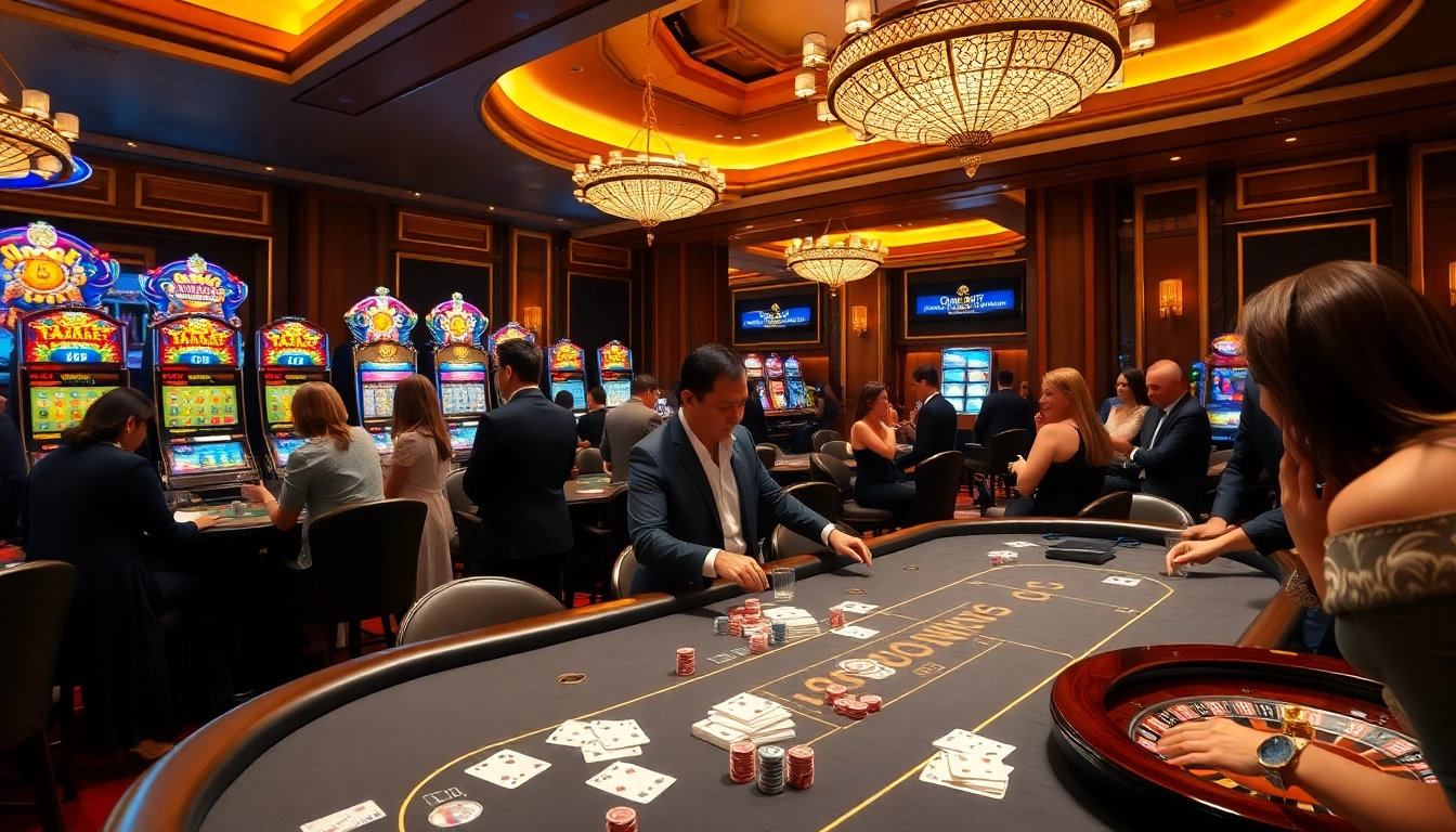 Gambling action at https://xx88.pizza/ with players at a vibrant casino table and slot machines.