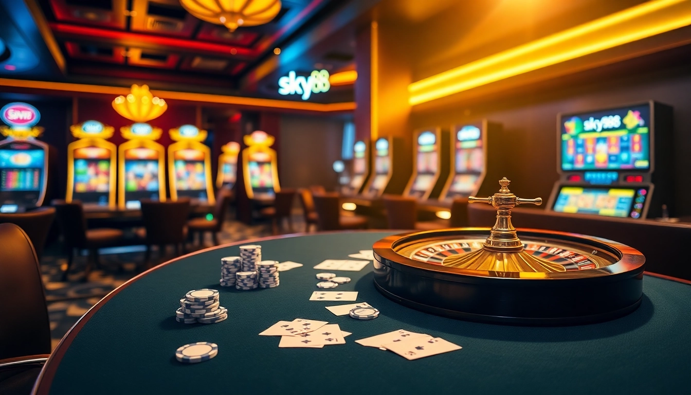 The sky88 app showcases an exciting casino scene with stunning gaming tables, cards, and slots.
