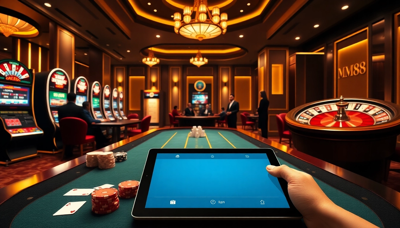 Experience thrilling gambling visuals featuring MM88's elegant poker tables and dazzling slot machines.