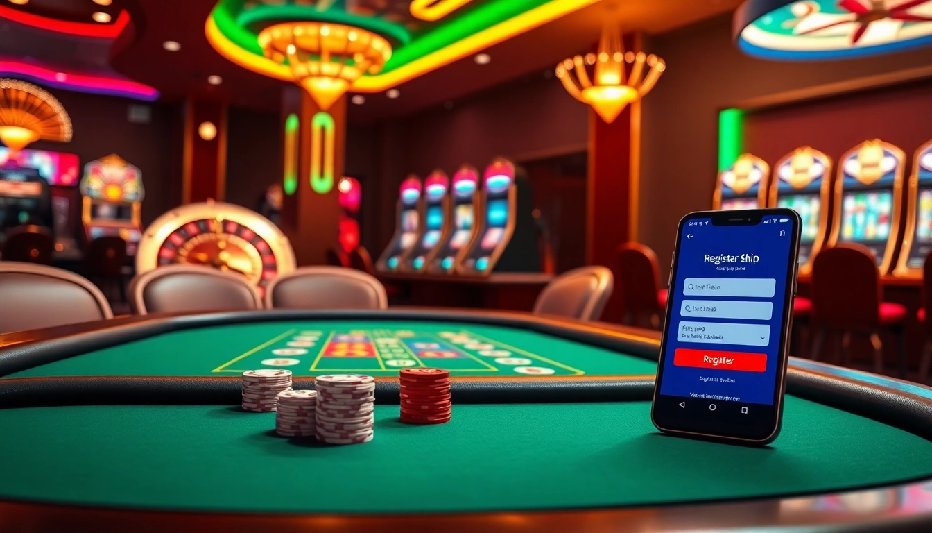 Engage in Đăng Ký F8bet at a luxurious casino setting with poker tables and slot machines.