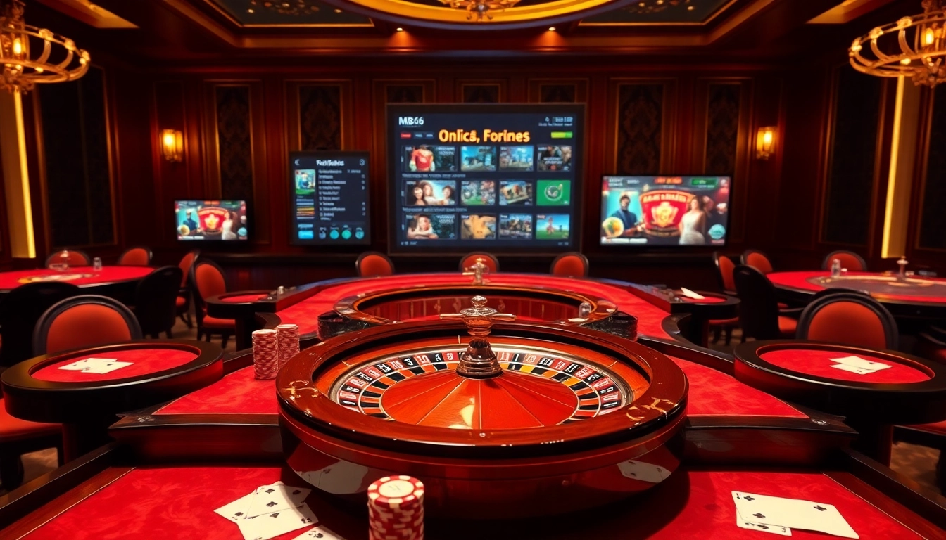 The excitement of live gaming at https://mb66-t.com/ with poker chips, elegant casino tables, and a roulette wheel.