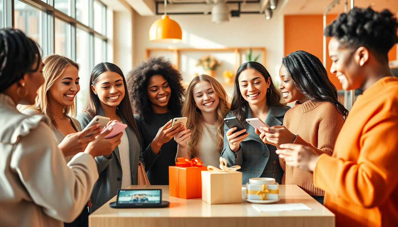 트렌디한 카페에서 친구들이 상품권카드를 주고받는 생생한 풍경.