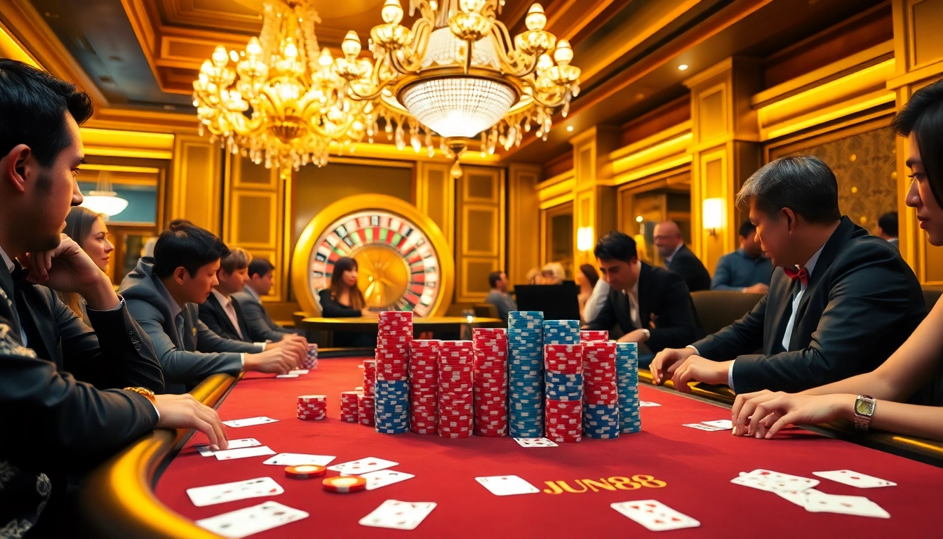 Experience thrilling play at Jun88's luxury casino table with vibrant poker chips and cards.