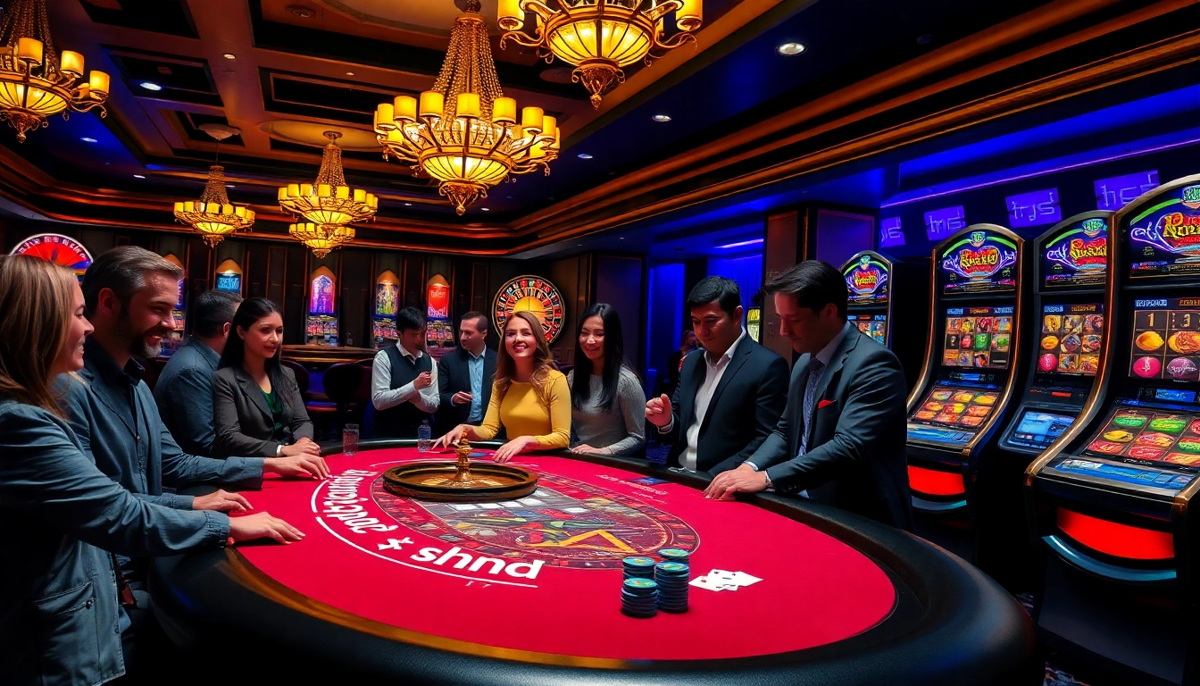 Players enjoying the excitement of gambling at an MMOO casino table with vibrant chips and cards.