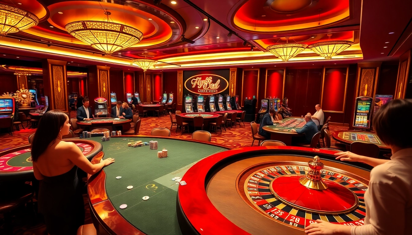 Players enjoying thrilling games at the fly88 deal casino, showcasing vibrant slot machines and luxurious roulette tables.