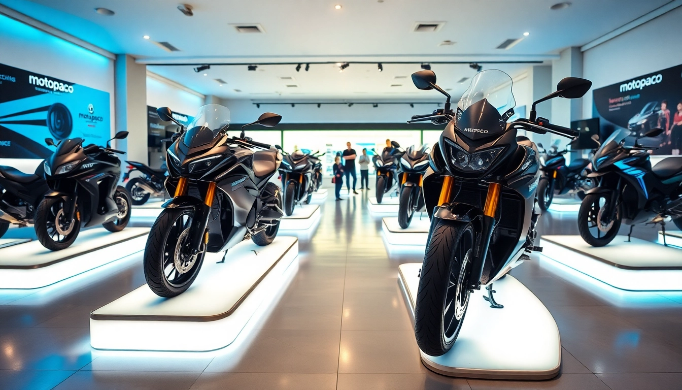 Découvrez les accessoires innovants Motopaco dans un showroom de motos moderne.