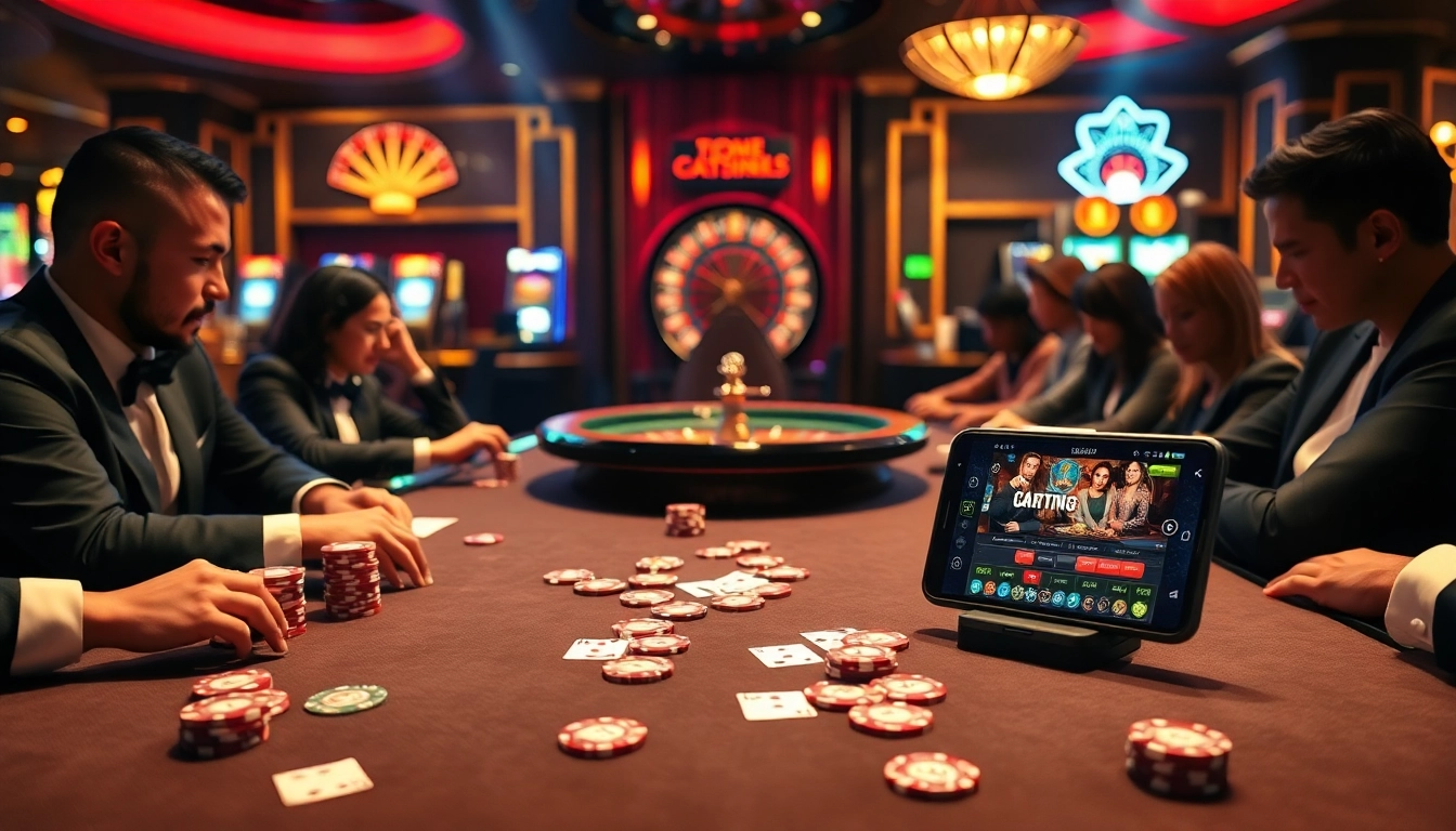 Players enjoying a thrilling poker game with s8 smartphones, colorful chips, and casino excitement.