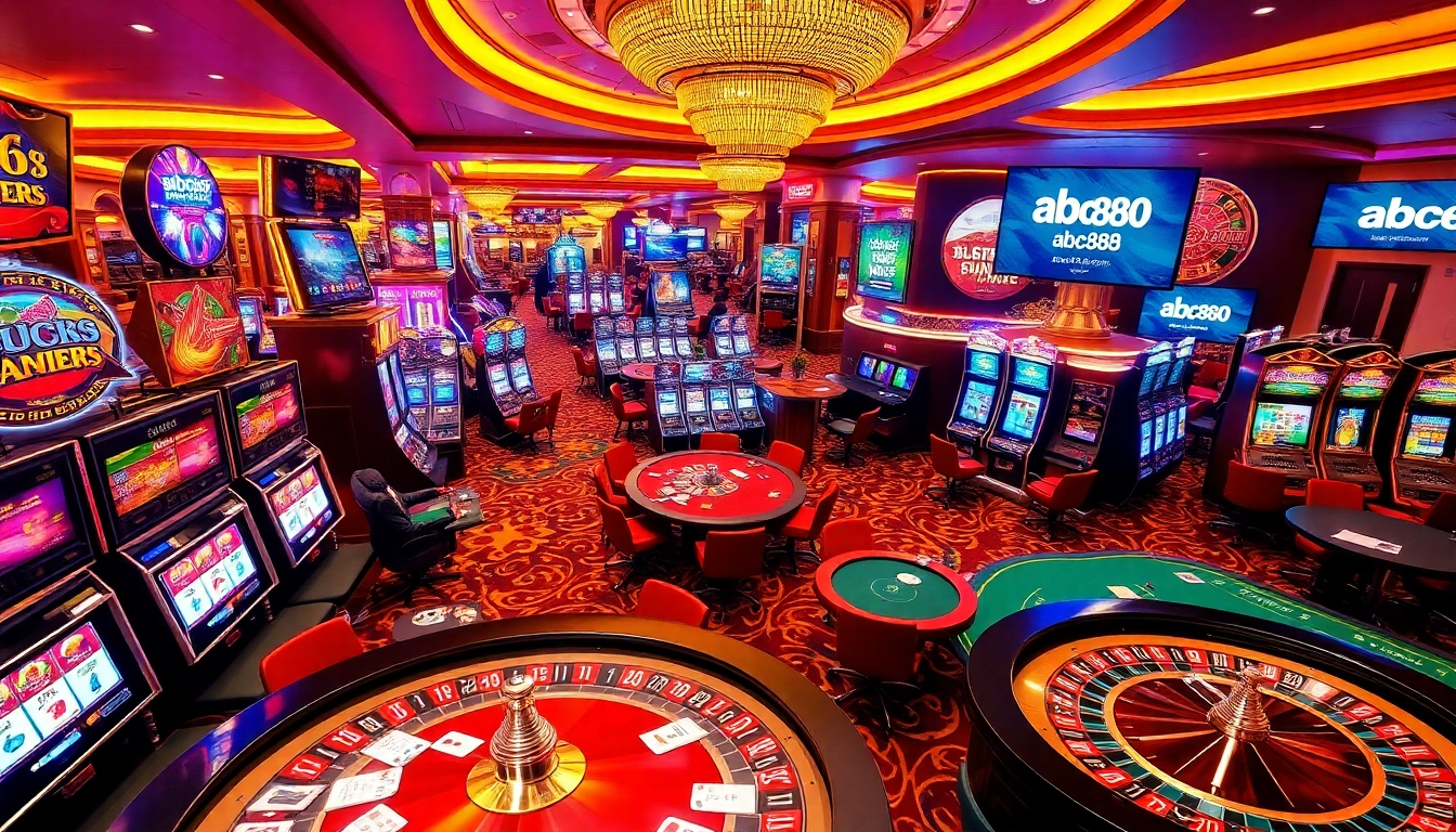 Gamblers enjoying vibrant slot machines and poker tables at abc888 casino.