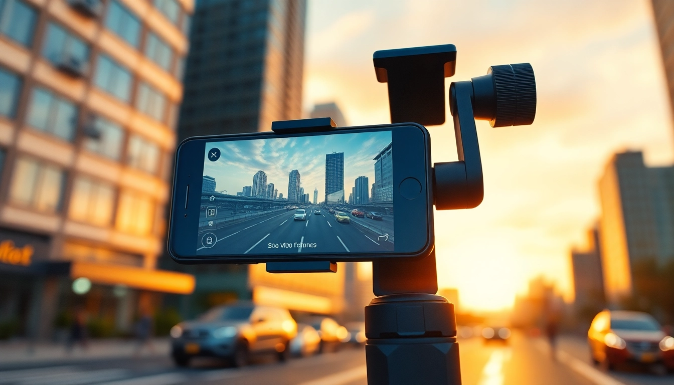 Smartphone-Gimbal stabilizer capturing smooth city video footage with vibrant urban backdrop.