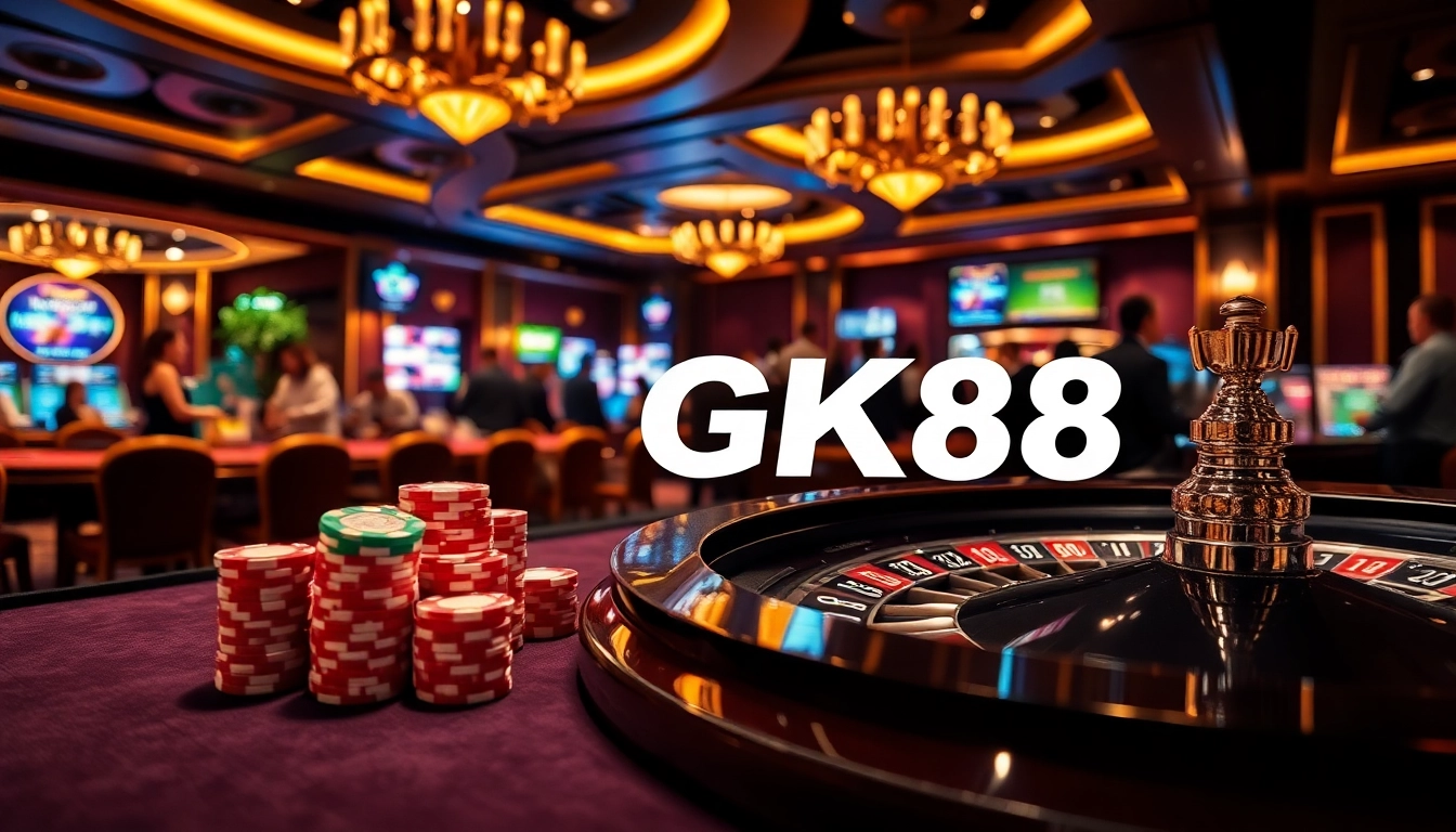 Experience GK88 excitement at a luxurious casino table with vibrant poker chips and a roulette wheel.