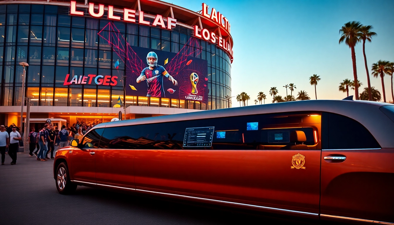 World Cup Group Transportation featuring a luxury limousine ready for excited fans at a Los Angeles stadium.