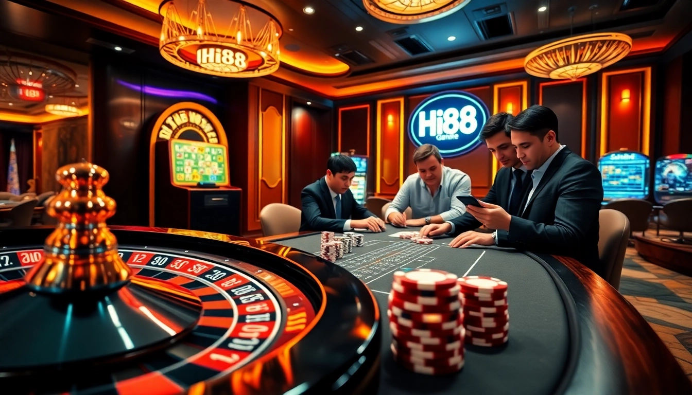 Hi88 online gamblers enjoying a professional casino atmosphere with poker and slot machines.