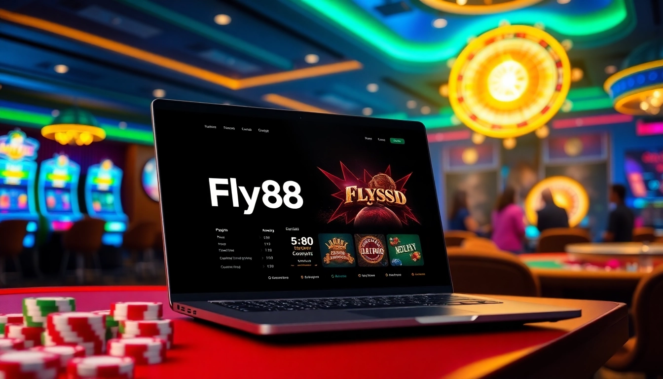 Experience the excitement of Fly88 casino gaming with vibrant slot machines and roulette tables.