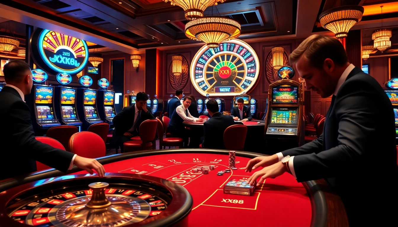 Experience the thrilling ambiance of gambling at XX88 with vibrant casino tables and engaging players.