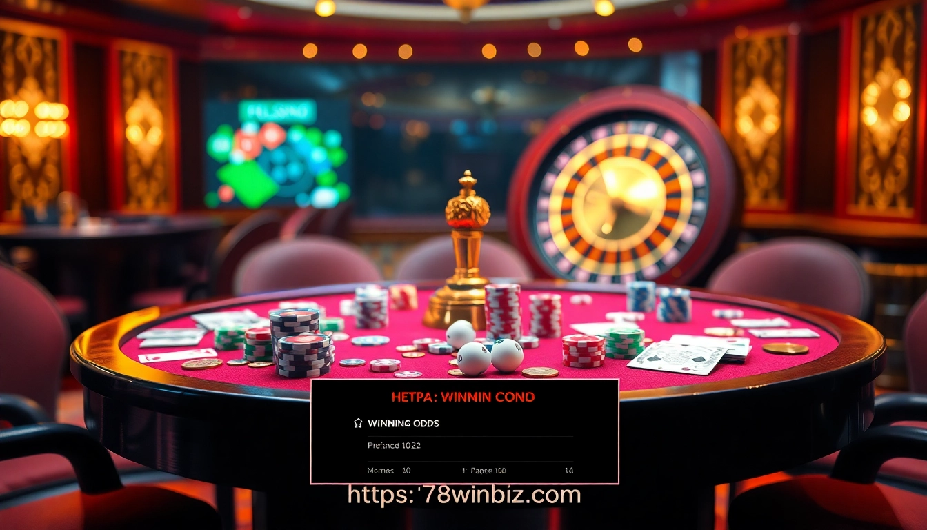 Engaging casino scene with poker chips and winning odds from https://78winbiz.com/ set in luxurious atmosphere.