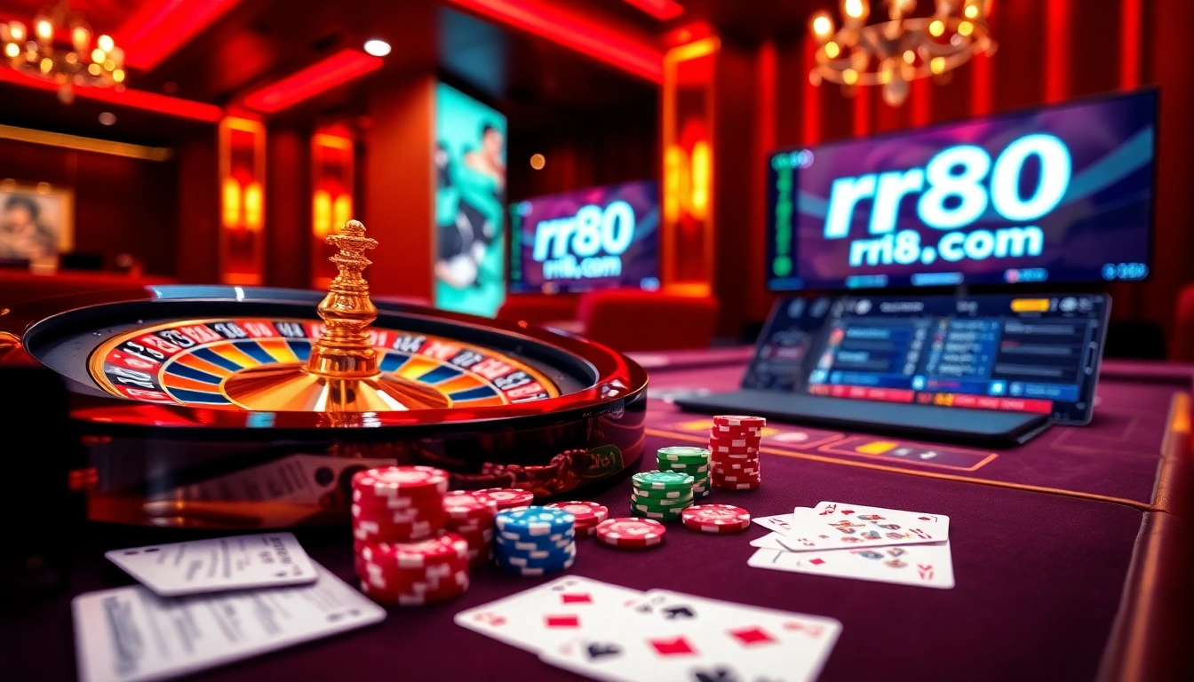 Exciting gambling scene featuring rr88.com with roulette wheel, poker chips, and cards on a casino table.