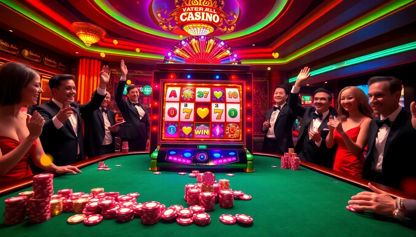 Experience the thrill of winning at RAJABARONG's vibrant slot machine in a bustling casino setting.