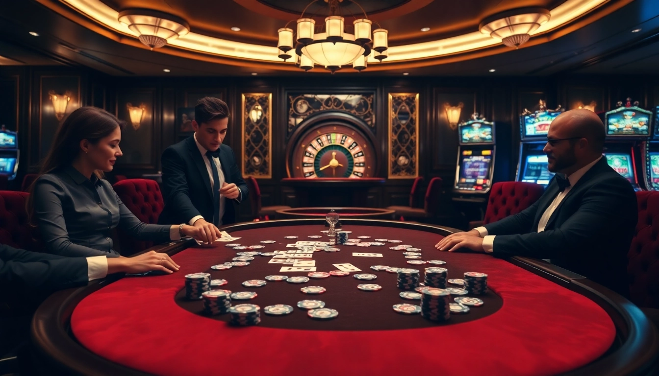 Experience thrilling gameplay at f8bet with a luxurious casino visual filled with poker chips and roulette wheels.