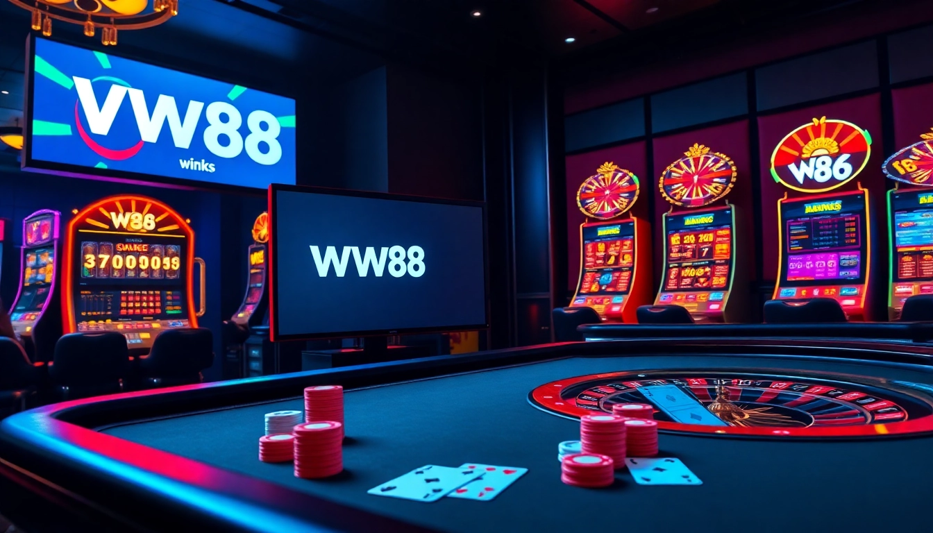 Experience thrilling online gaming with the W88 link, featuring a vibrant casino atmosphere.