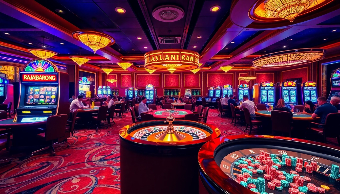 RAJABARONG slot machine excitement with poker tables and vibrant casino colors