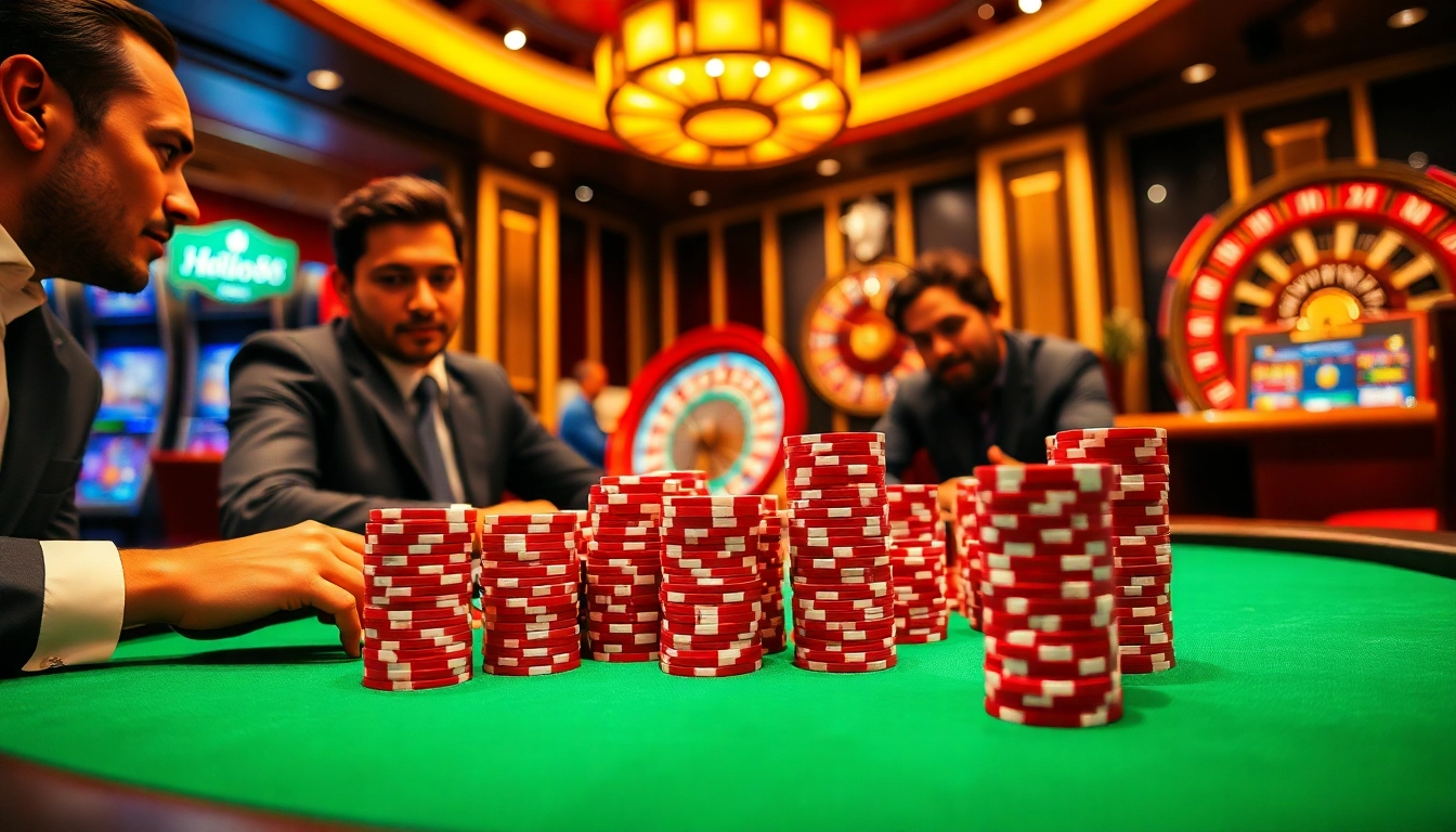 Players engage in a thrilling poker game at Hello88, surrounded by vibrant casino elements.