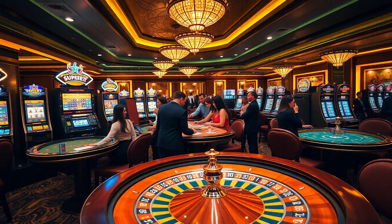 Engaging gamblers enjoying Superbet at a vibrant casino with slot machines and tables.