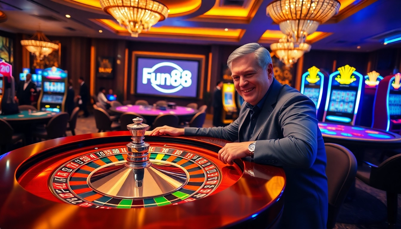 A player celebrating a win at a luxurious casino table, showcasing Fun88 link amidst vibrant gaming elements.