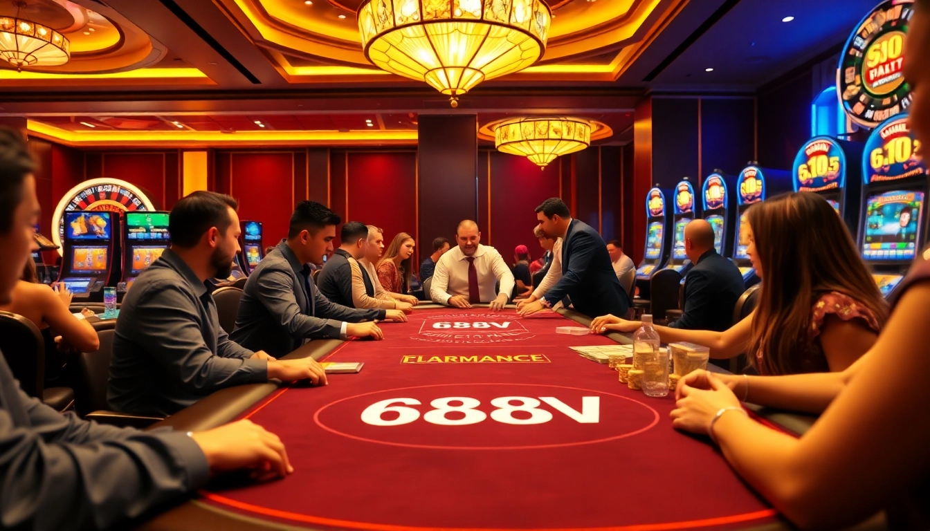 Play at 688V's luxurious casino with professional dealers and vibrant gaming tables.