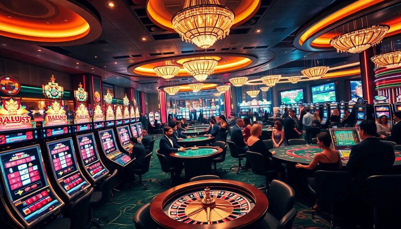 An energetic scene at zbet com casino with players enjoying slot machines and poker tables.