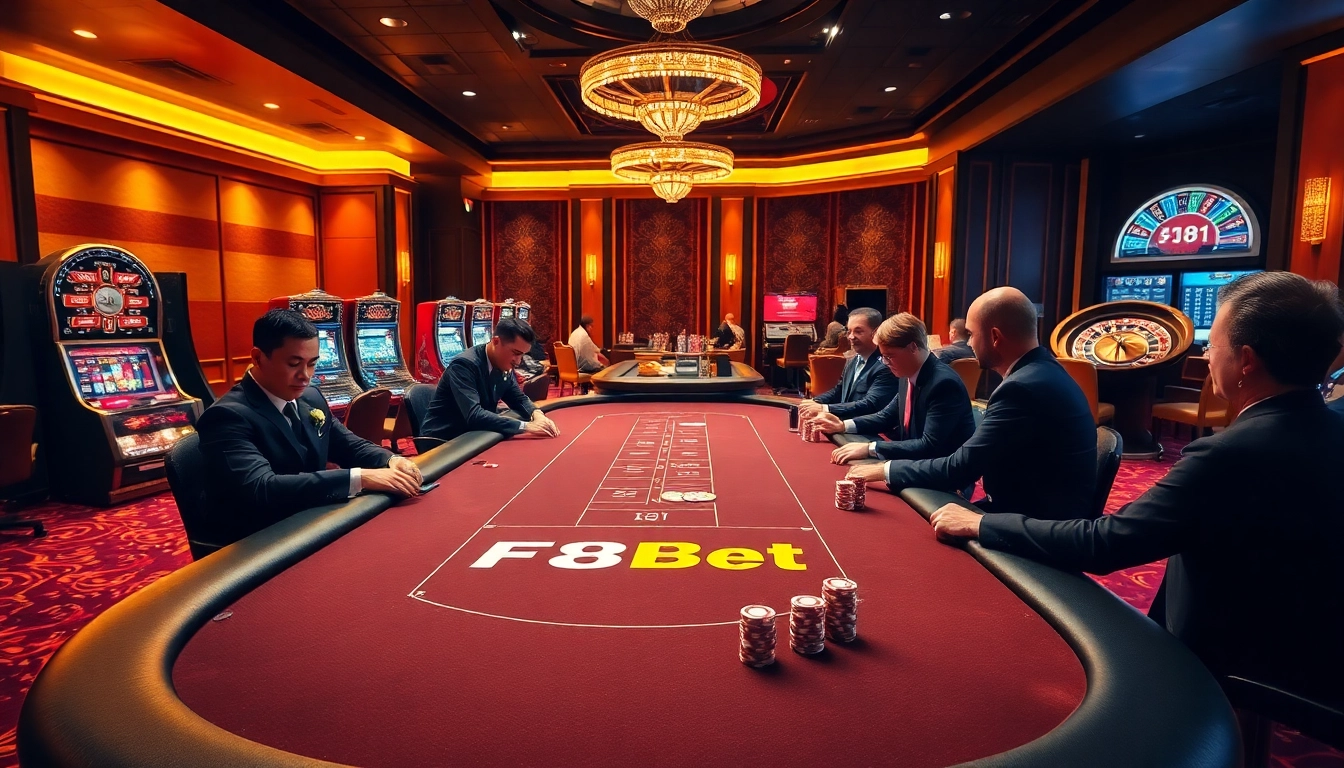 F8Bet players enjoying high-stakes games at a luxurious casino table with professional dealers.