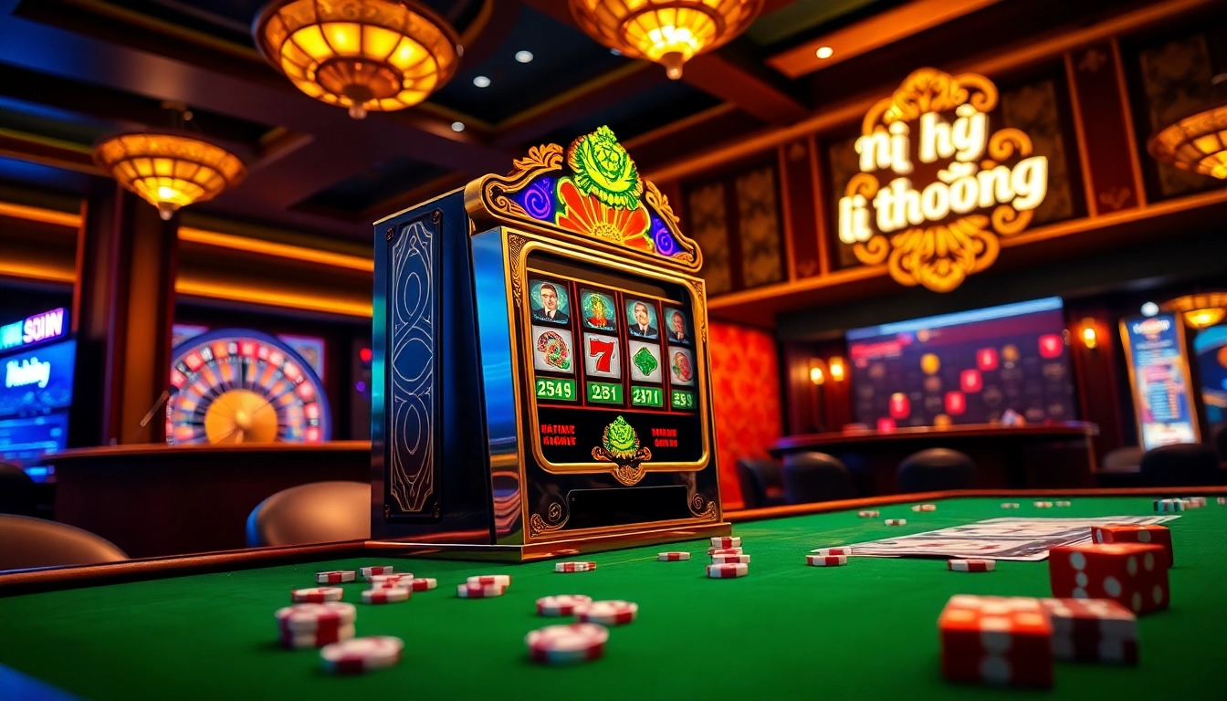 Engaging scene showcasing "nổ hũ đổi thưởng" with a vibrant slot machine and casino elements.