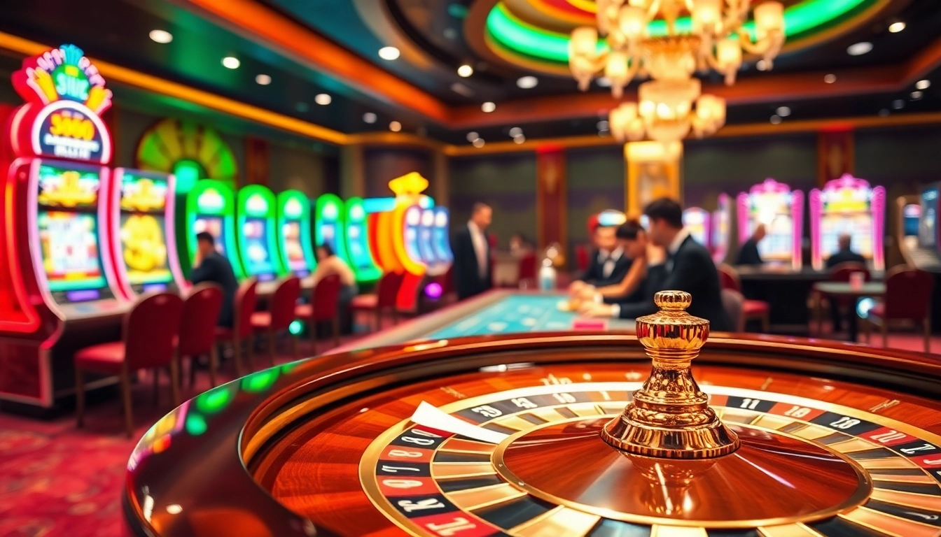 Experience excitement at a trusted nhà cái uy tín casino, showcasing a classy roulette table and vibrant slot machines.
