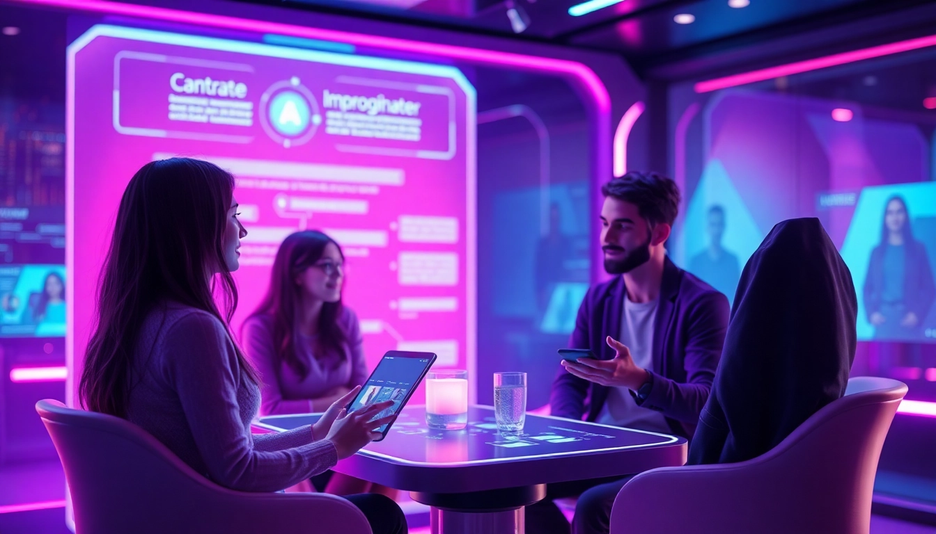 Engaging AI sex chat conversation in a futuristic digital space with vibrant colors.