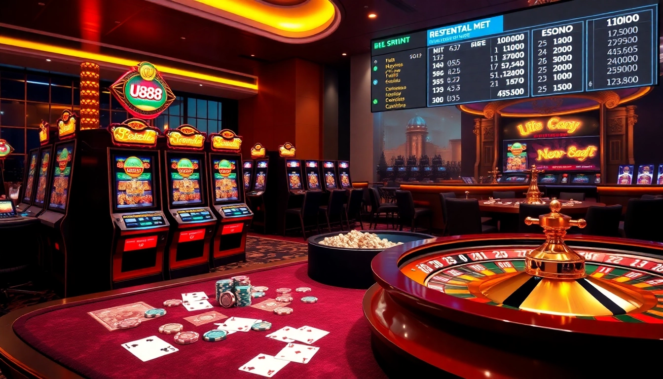 Experience the luxurious vibe of U888 online casino with vibrant slot machines and poker chips.