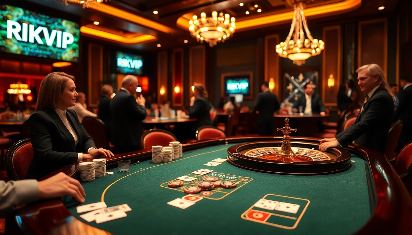 Engaged players at a luxurious casino poker table, showcasing RIKVIP's vibrant gambling experience.