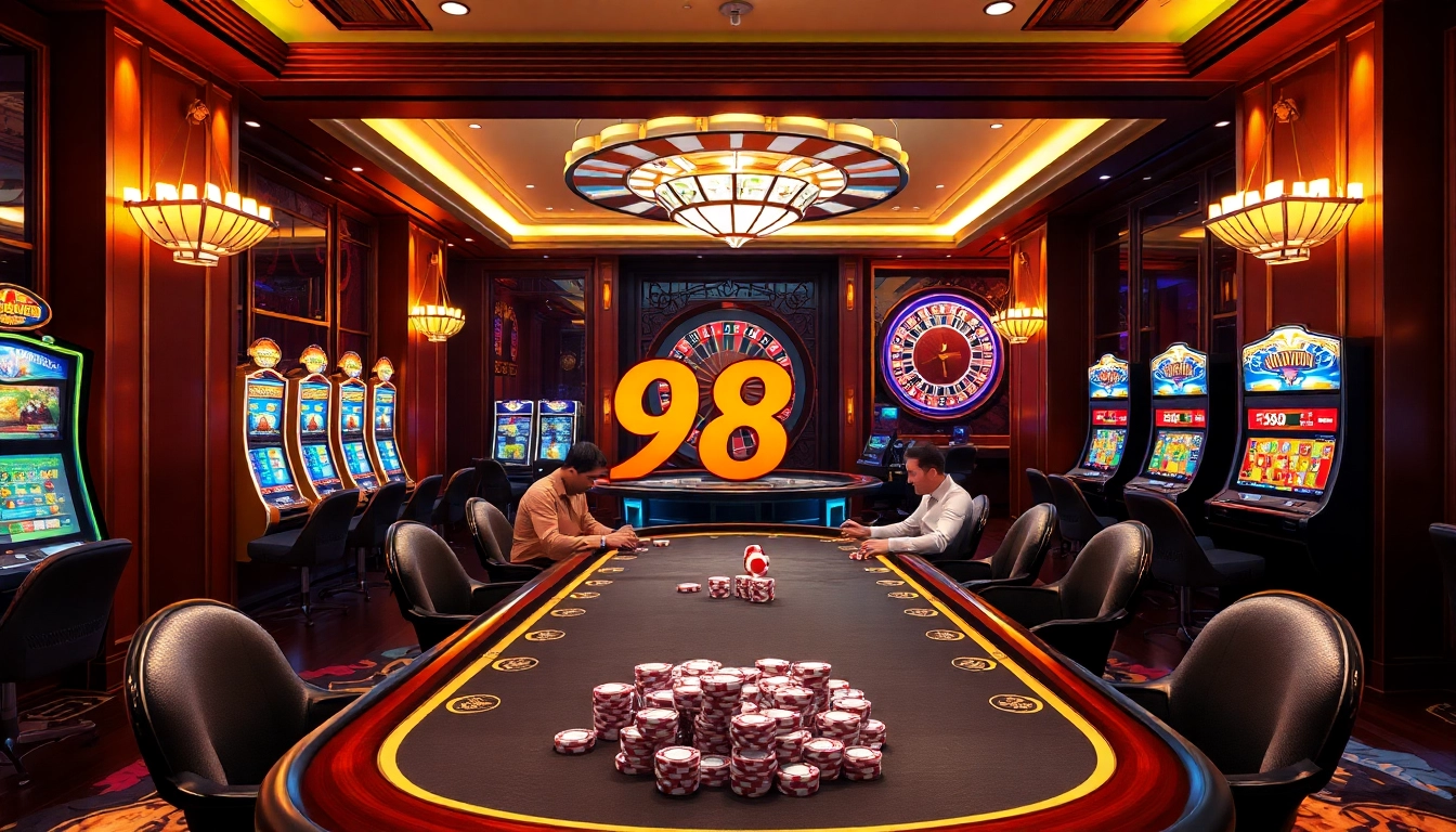 Experience the thrilling atmosphere of 98 win with luxurious poker gameplay and vibrant slot machines.