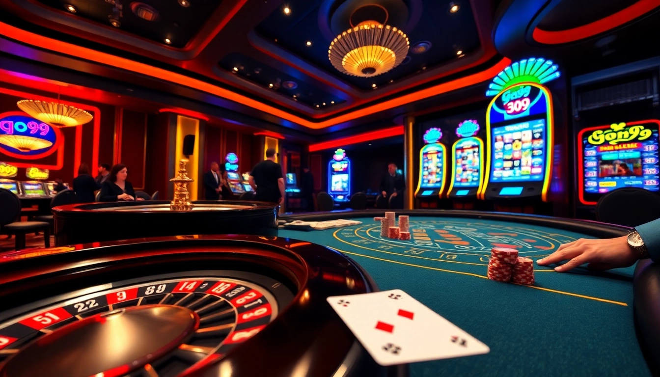 Players enjoying a thrilling roulette game at go99, surrounded by colorful casino elements.