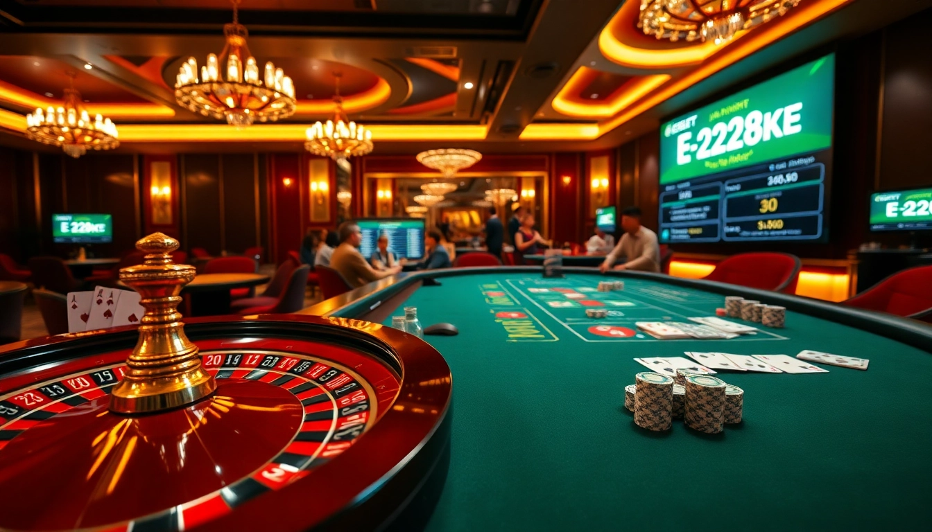 e2bet users enjoy an engaging casino experience at a luxurious table setup with roulette and poker.