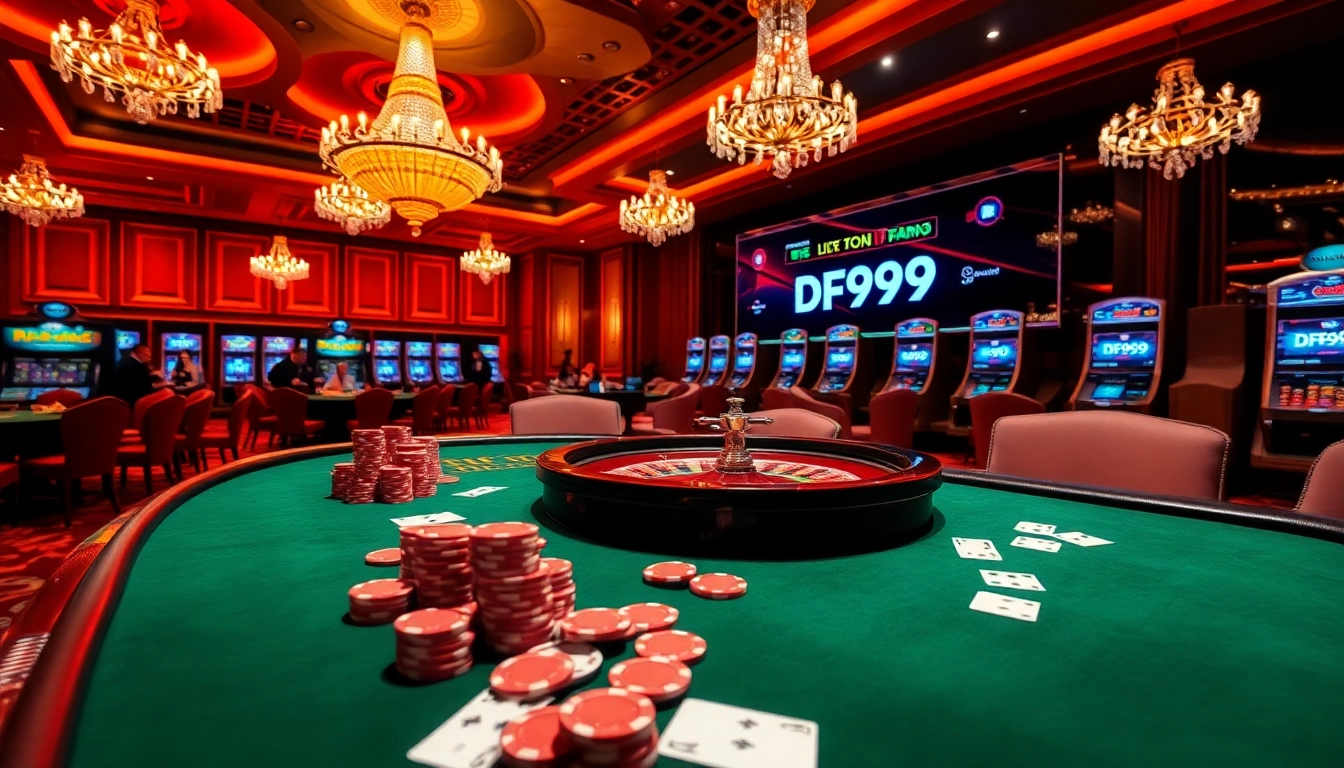 Betting excitement at DF999 casino with poker chips and a roulette wheel in a luxurious setting.