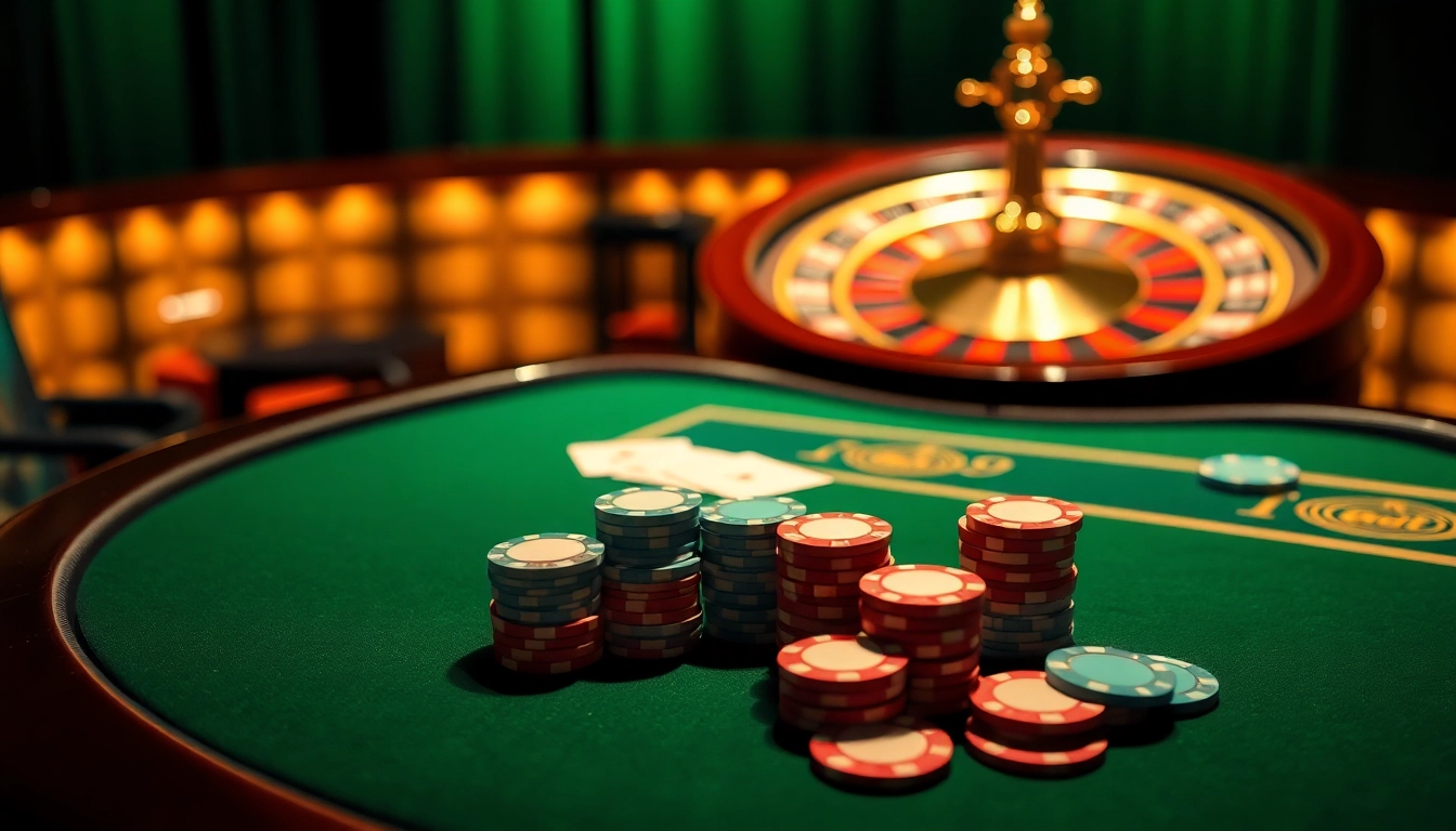 Experience the thrill of gambling with zbet's luxurious casino environment featuring poker chips and a roulette wheel.