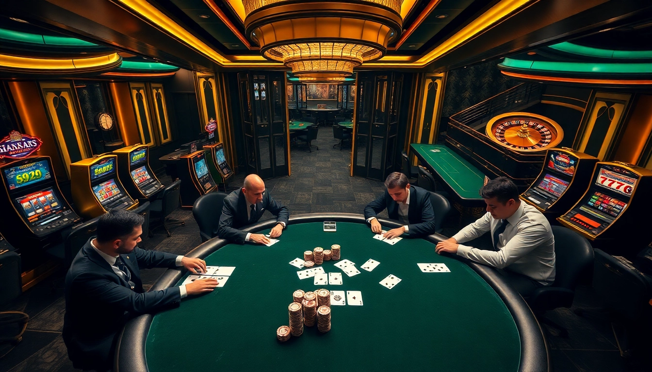 Expert players at a poker table showcasing action at nhà cái PS99 in a luxurious casino setting.