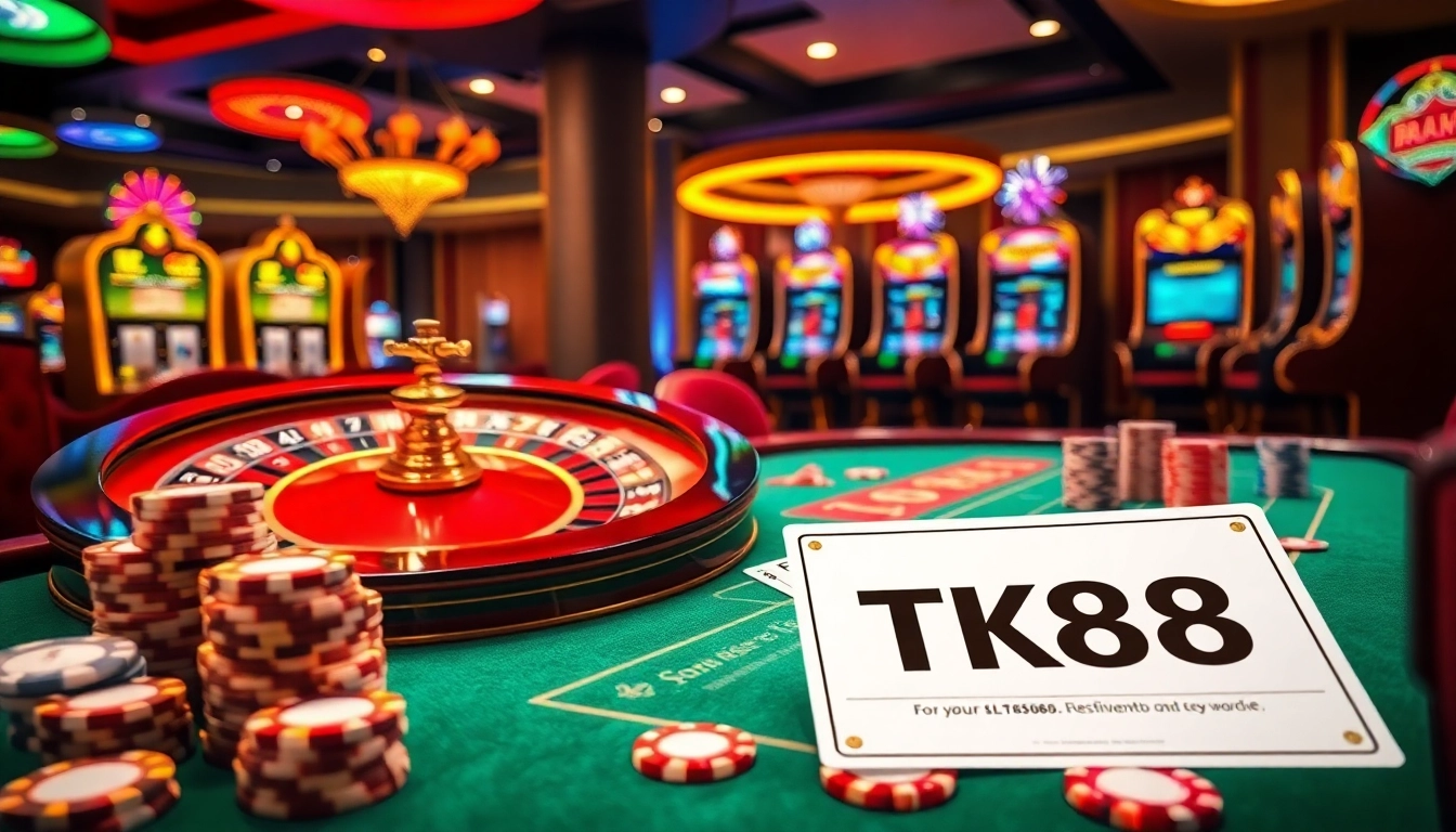 Engaging casino scene with TK88 poker chips and vibrant slot machines, capturing high-stakes excitement.