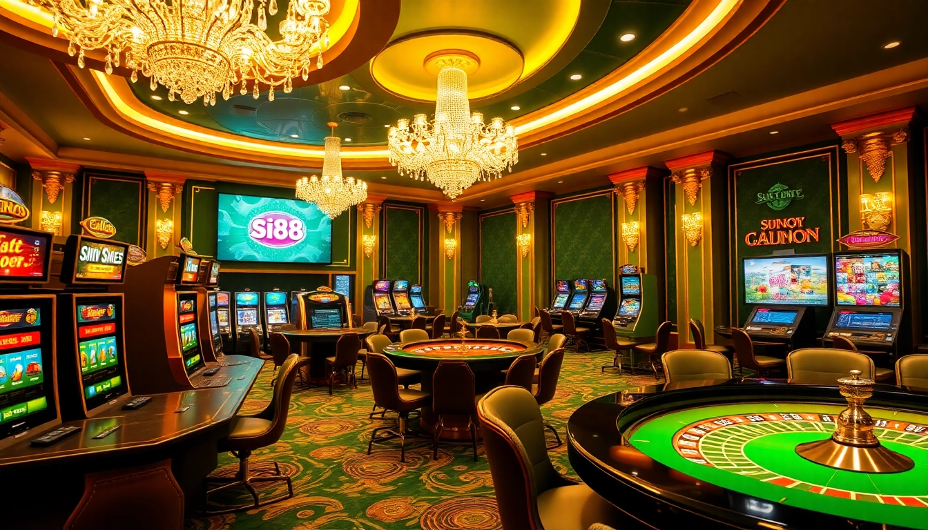 Siu88 Casino featuring luxurious slot machines and poker tables in a vibrant gaming environment.