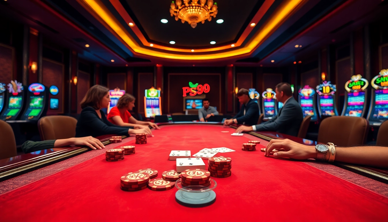 The thrill of gambling at nhà cái PS99, showcasing a lively casino atmosphere with poker and slot machines.