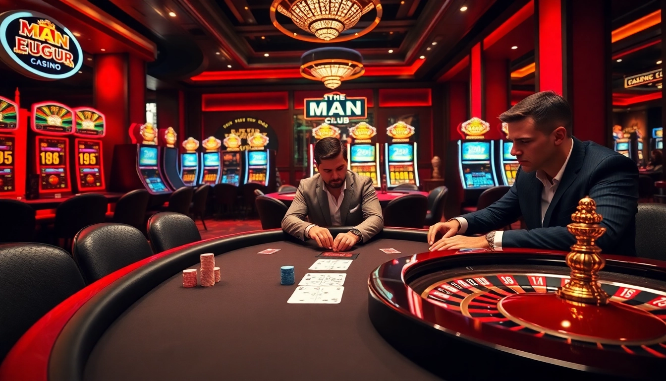 Players enjoying high-stakes poker at MAN CLUB, illuminated by vibrant casino lights.