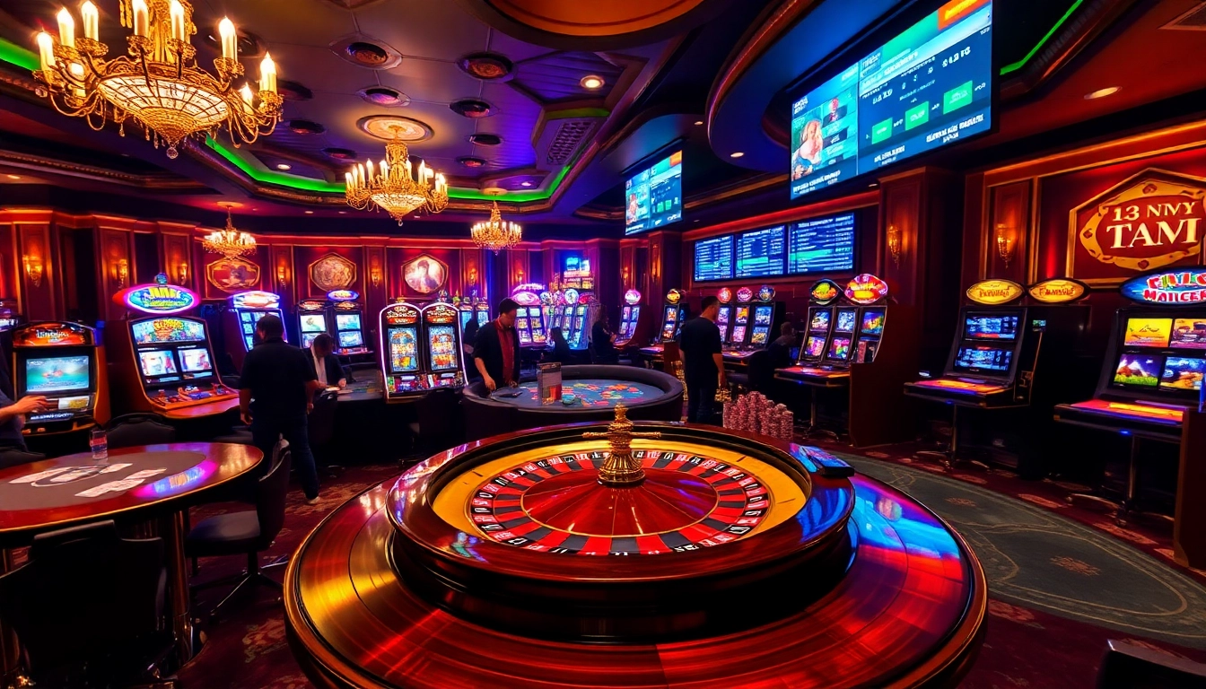 Experience the excitement of 13Win bet at a luxurious casino with players, roulette, and vibrant gaming atmosphere.