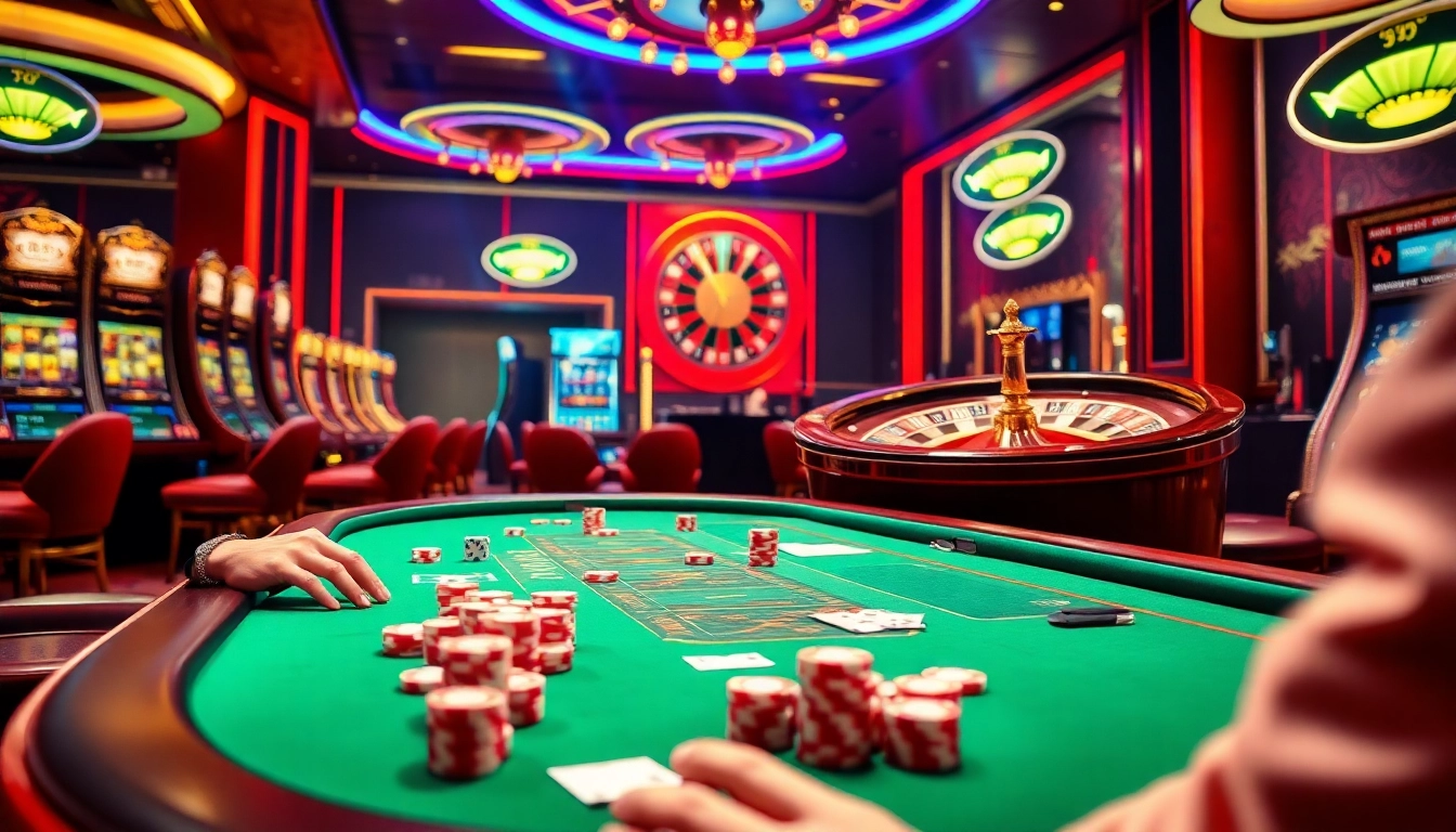 Engaging game bài scene with poker table, chips, and vibrant casino atmosphere.