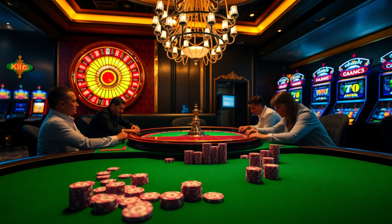 KJC casino scene with players at a poker table and vibrant slot machines, capturing excitement and luxury.