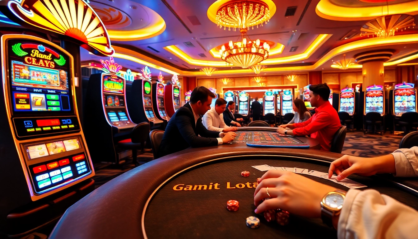 Players enjoying thrilling games at casino luckywin with vibrant slot machines and elegant poker tables.